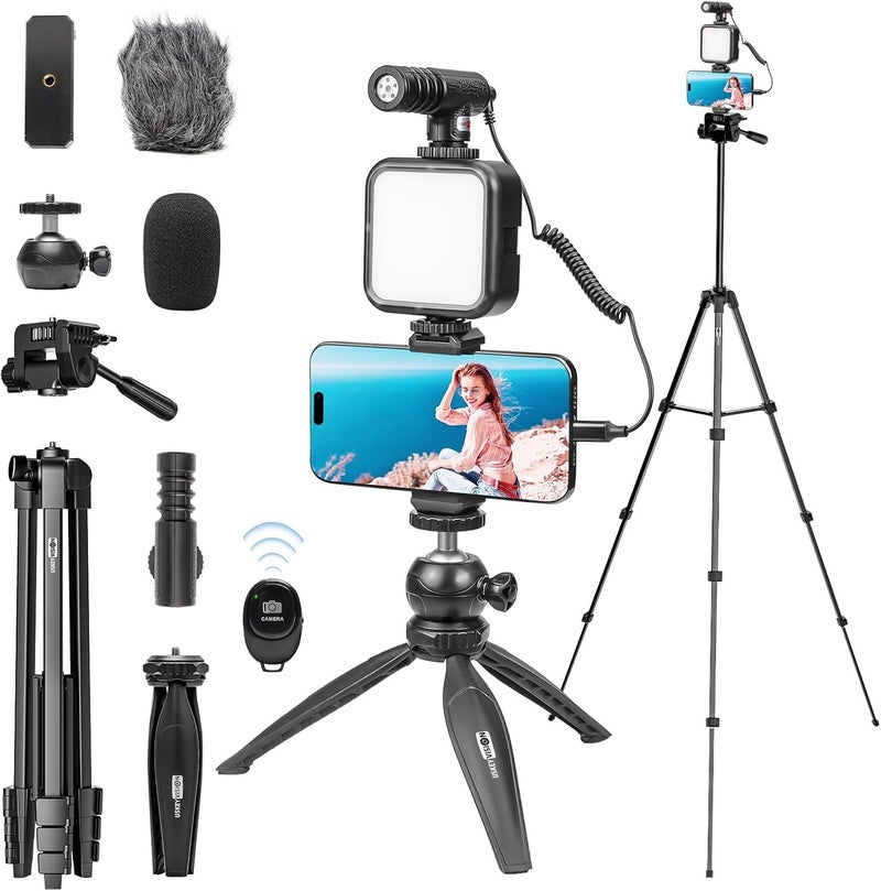 USKEYVISION Vlogging Kit for iPhone Youtuber Starter Kit Content Creator Equipment for iPhone 16/15Pro Max with 59'' Extendable Fullsize Tripod, LED Light,Shotgun Mic Video Recording(Vlog K4) - Image 1